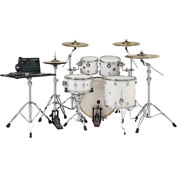 Wireless Acoustic Electronic Convertible 5 Piece Drum Set Bundle with 22 Bass Drum Cymbals and Hardware Finish Ply White Marine Pearl