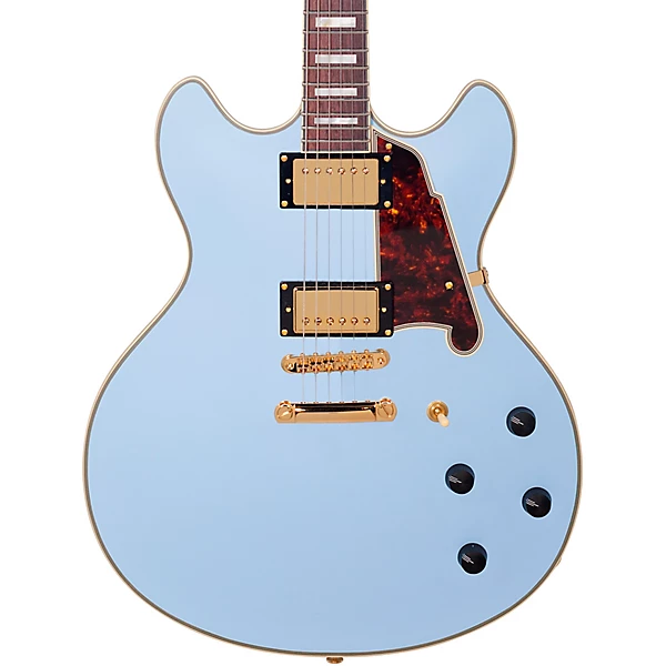 Open Box D'Angelico Deluxe Series Limited Edition DC Non F Hole Semi Hollowbody Electric Guitar Level 1 Matte Powder Blue Tortoise Pickguard