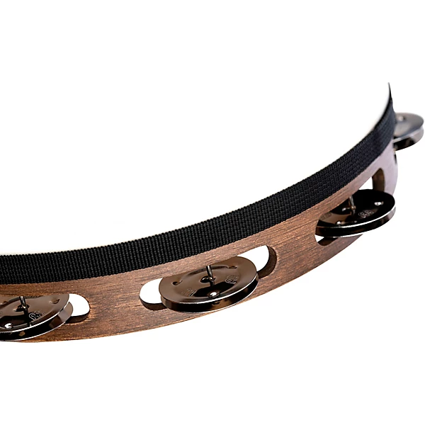 Headed Wood Tambourine with Single Row Steel Jingles 10 in Walnut Brown