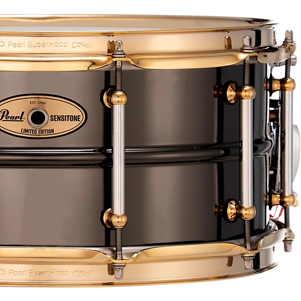 Pearl Sensitone Limited Edition Nickel Plated Black Brass Snare Drum With Gold Plated SuperHoop II Triple Flanged Hoops 14 x 6.5 in.