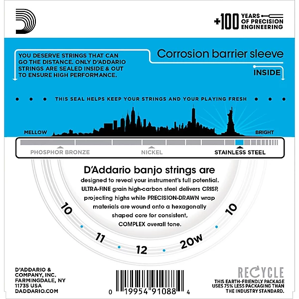 EJS60 Stainless Steel Light 5 String Banjo Strings 9 20