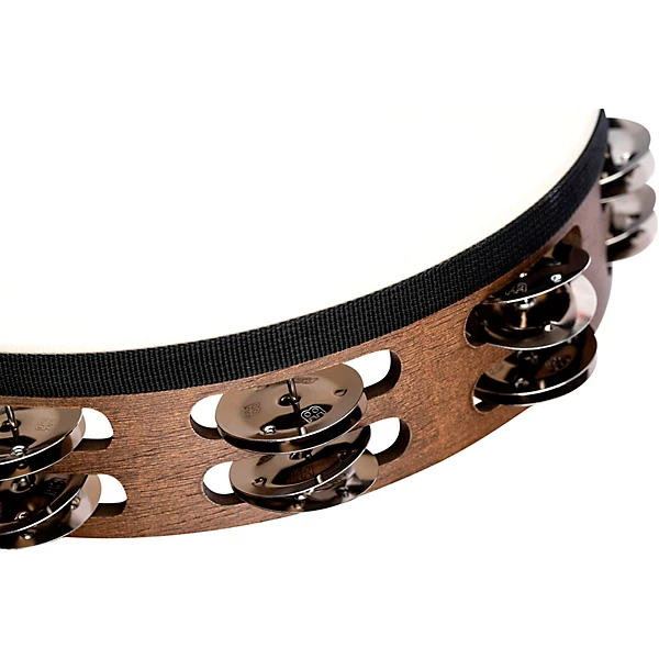 Headed Wood Tambourine with Double Row Steel Jingles 10 in Walnut Brown