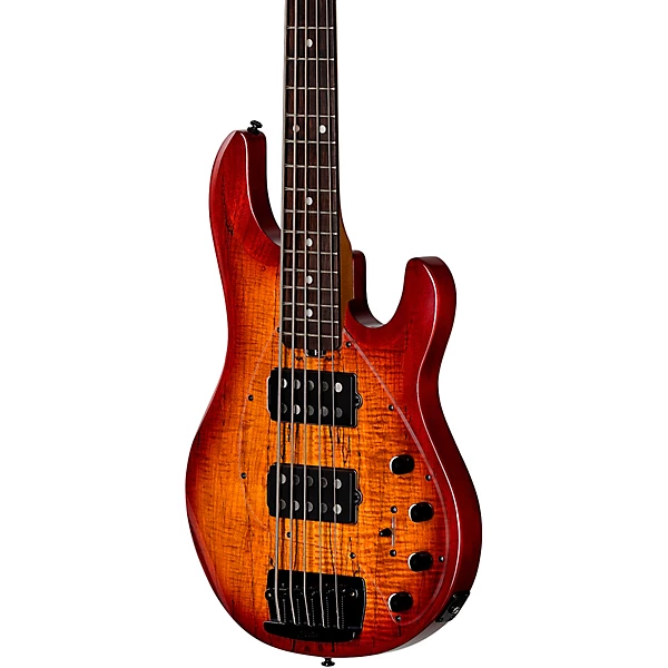 Sterling by Music Man StingRay 5 RAY35 HH Spalted Maple Top Bass Level 2 Blood Orange Burst