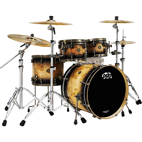 PDP by DW Limited Edition Mapa Burl 4 Piece Shell Pack With Antique Bronze Hardware Black Burst