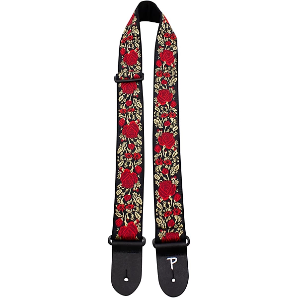 Premium Jaquard Weaved on Webbing Backing Guitar Strap Red Metallic Rose 2 in