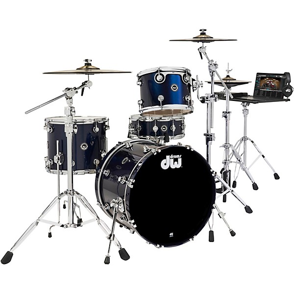 Wireless Acoustic Electronic Convertible 4 Piece Drum Set Bundle with 20 Bass Drum Cymbals and Hardware Lacquer Custom Specialty Midnight Blue Metallic