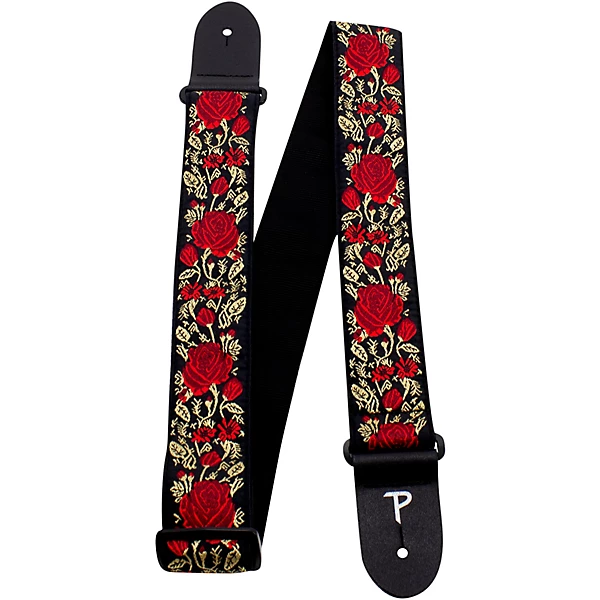 Premium Jaquard Weaved on Webbing Backing Guitar Strap Red Metallic Rose 2 in
