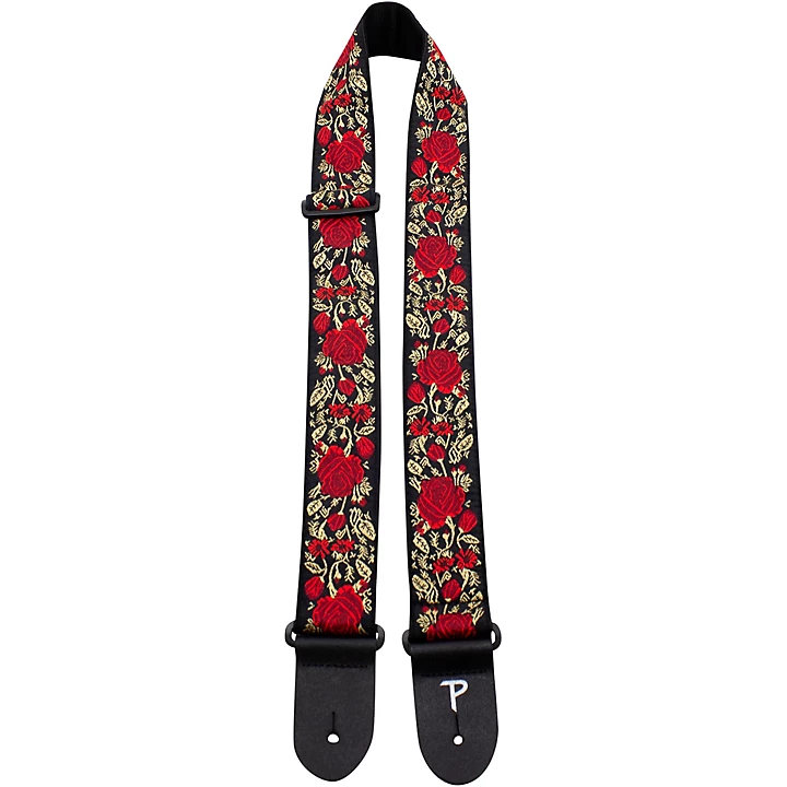 Premium Jaquard Weaved on Webbing Backing Guitar Strap Red Metallic Rose 2 in