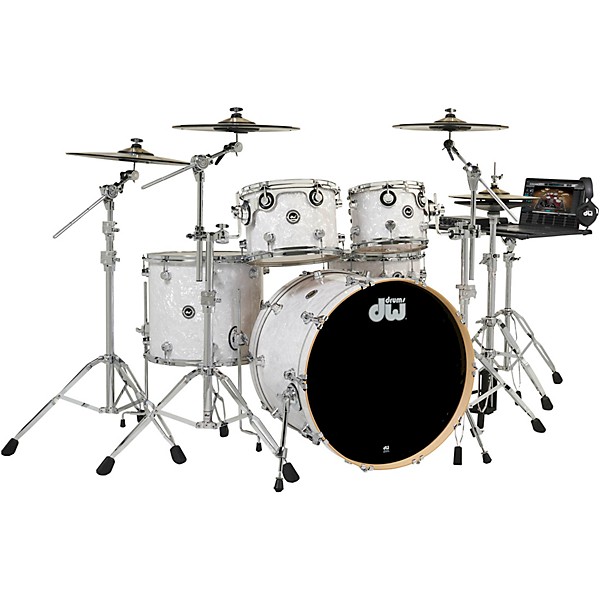Wireless Acoustic Electronic Convertible 5 Piece Drum Set Bundle with 22 Bass Drum Cymbals and Hardware Finish Ply White Marine Pearl