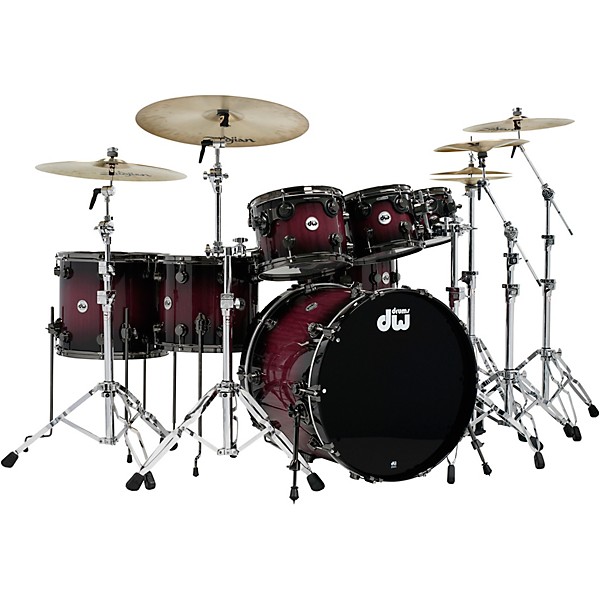 DW Collector's Series Purpleheart 7 Piece Lacquer Specialty Shell Pack Natural to Black Burst With Black Nickel Hardware