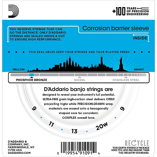 EJ69 Phosphor Bronze Light 5 String Ball End Banjo Strings 9 20