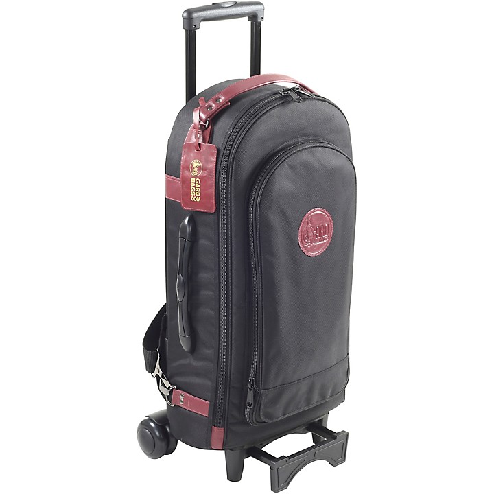 Designer Compact Triple Trumpet Wheelie Black Synthetic with Burgundy Leather Trim