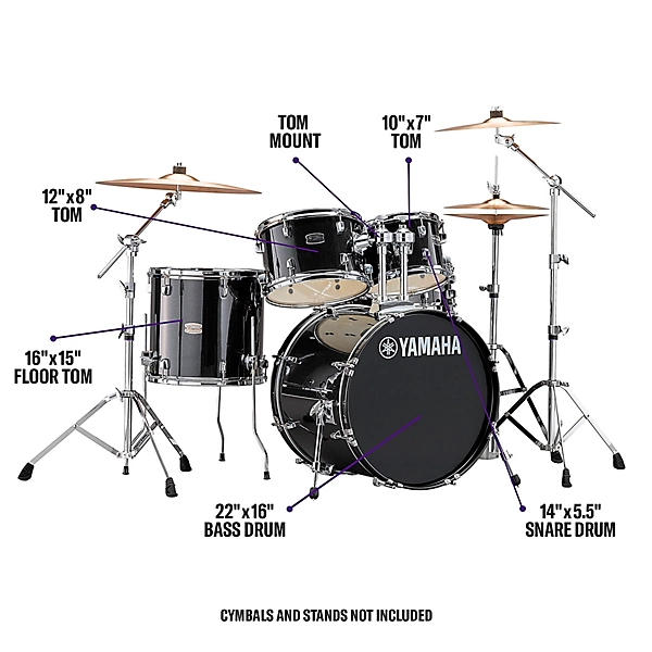 Yamaha Rydeen 5 Piece Shell Pack With 22 Bass Drum Level 2 Black Glitter