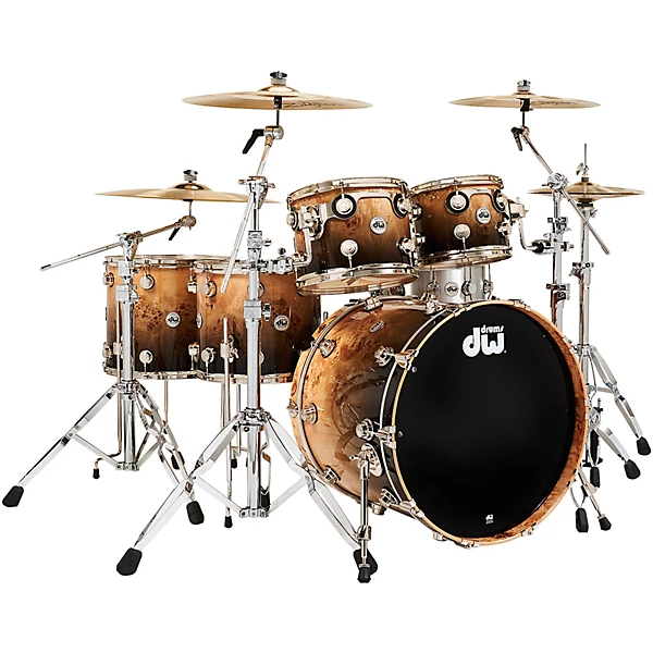 DW Collector's Series 5 Piece SSC Maple Exotic Shell Pack With Nickel Hardware Natural to Candy Black Fade Over Mapa Burl