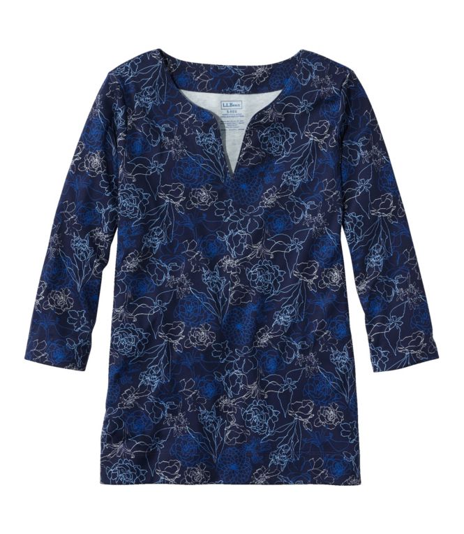 Women's Pima Cotton Tunic, Three-Quarter-Sleeve Splitneck Print