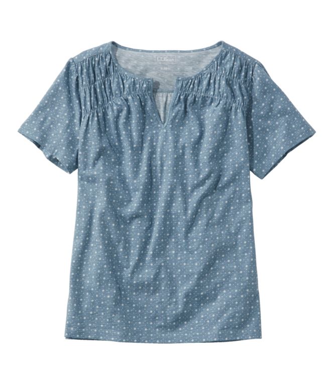 Women's Organic Cotton Tee, Smocked Notch-Neck Short-Sleeve Print