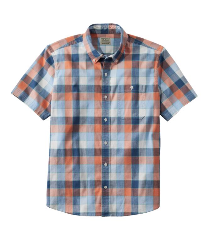 Men's Comfort Stretch Chambray Shirt, Slightly Fitted Untucked Fit, Short-Sleeve, Plaid
