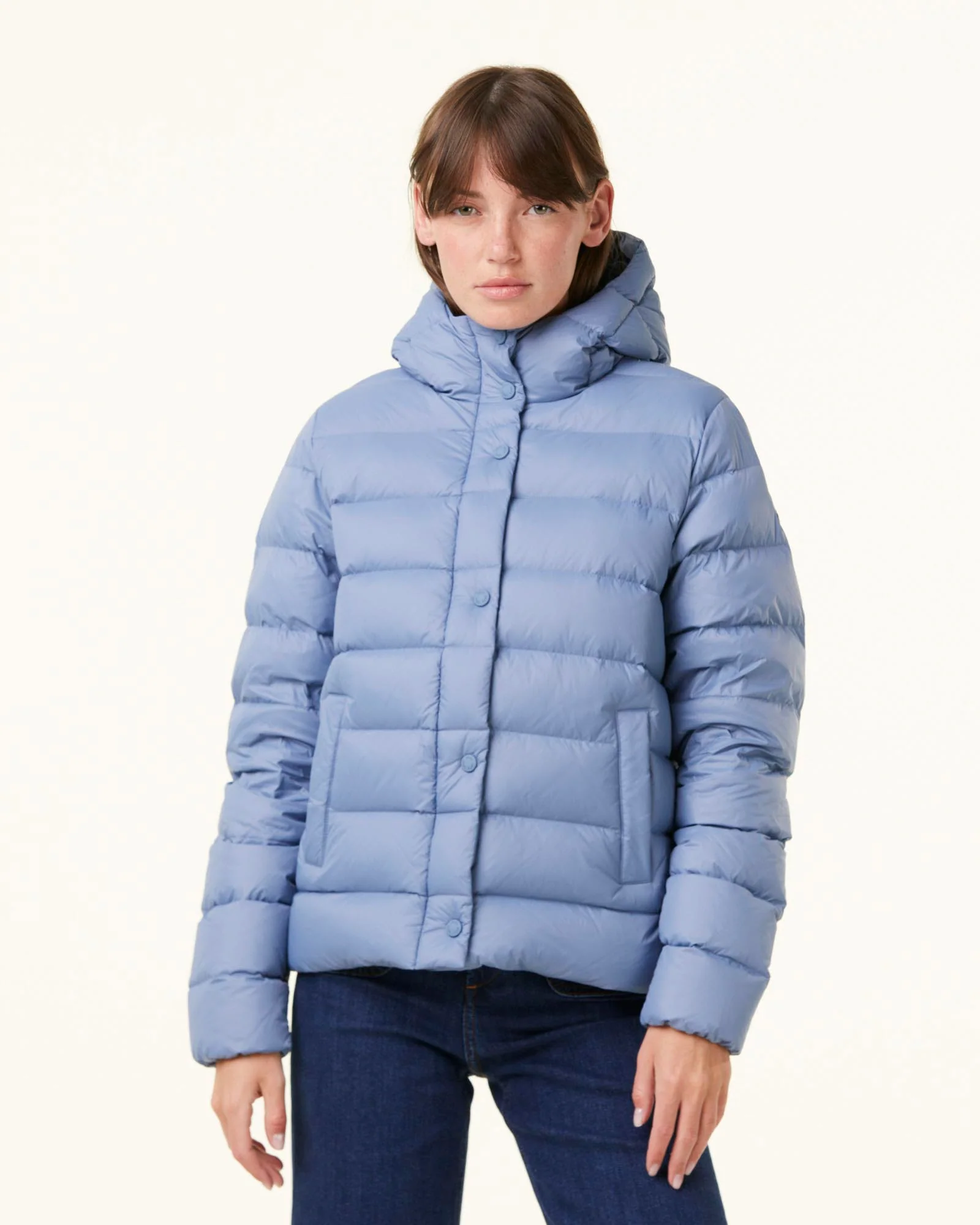 Down jacket straight hooded faded blue Jane