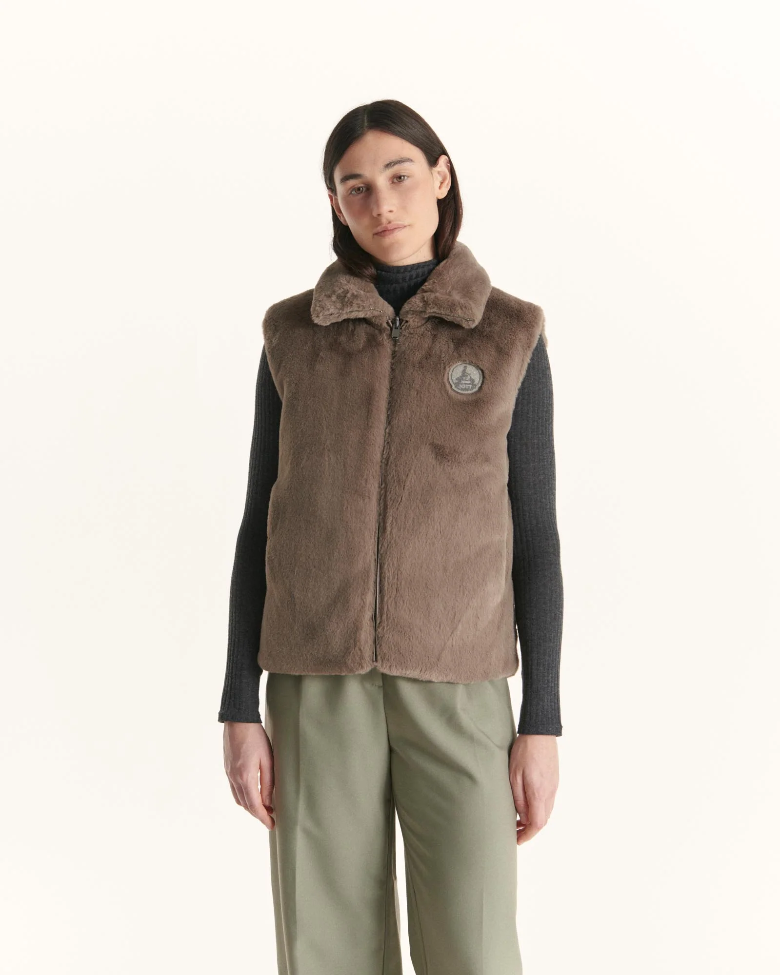 Down jacket with crystals Swarovski®️ sleeveless reversible Grand Froid Taupe Daria