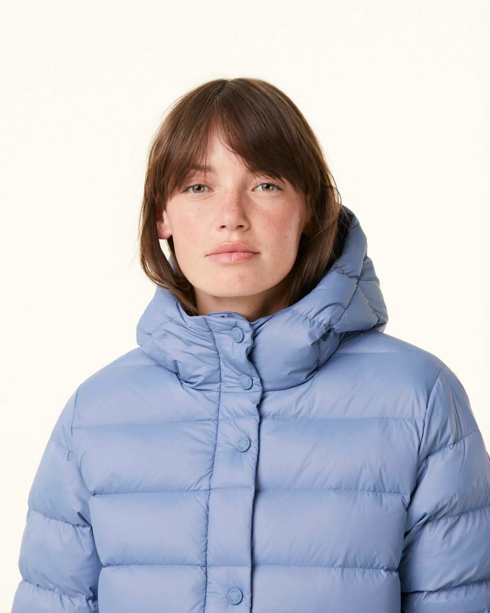 Down jacket straight hooded faded blue Jane