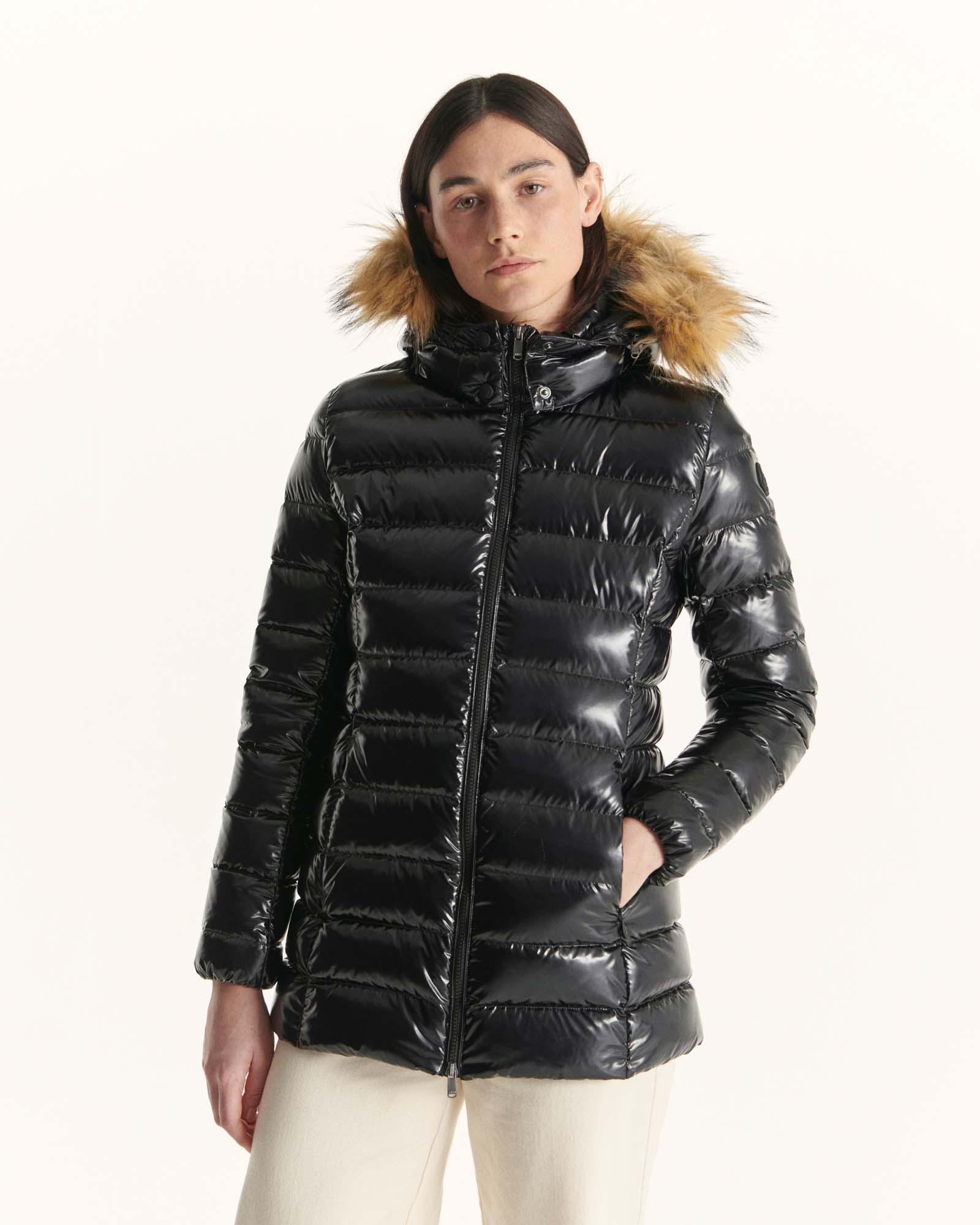 Down jacket mid-long lacquered Grand Froid Taupe Perle
