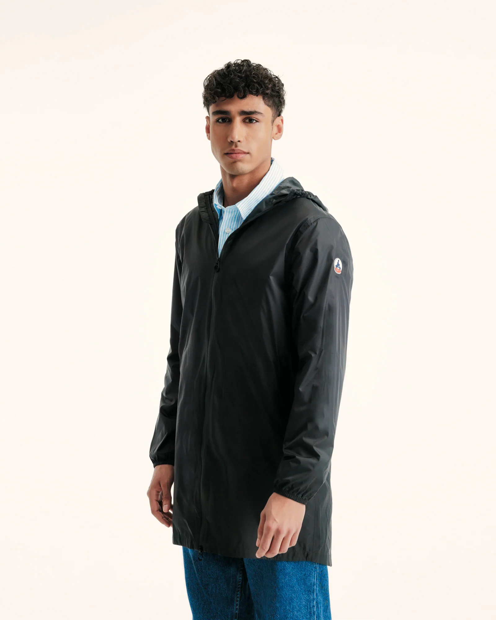 Long hooded raincoat packable Black Oban