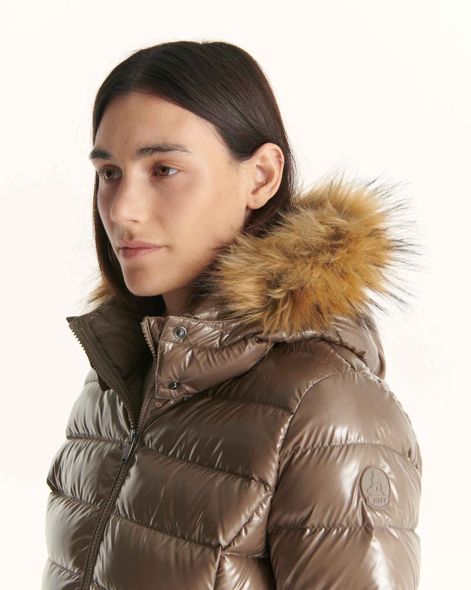Down jacket mid-long lacquered Grand Froid Taupe Perle