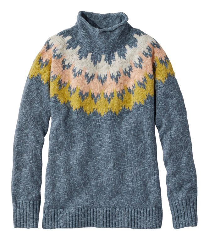 Women's Cotton Ragg Sweater, Funnelneck Pullover Fair Isle