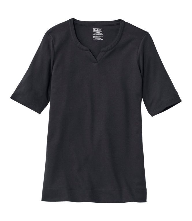 Women's Pima Cotton Tee, Notch-Neck Elbow-Sleeve Tunic