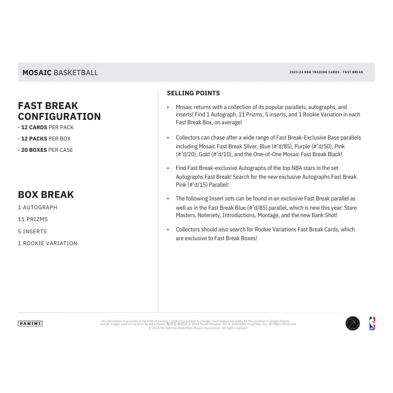 2023/24 Panini Mosaic Basketball Fast Break 20 Box Case