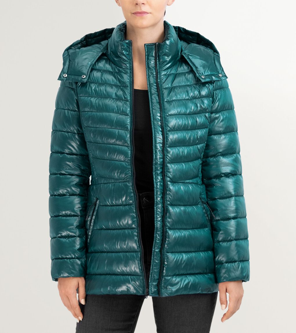 Women's Quilted Pearl Faux Down Jacket with Removable Hood