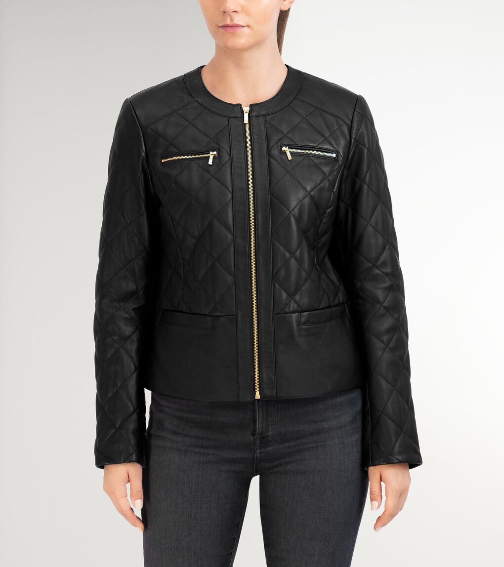 Women's Collarless Quilted Leather Jacket