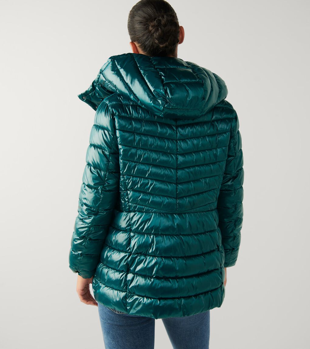 Women's Quilted Pearl Faux Down Jacket with Removable Hood
