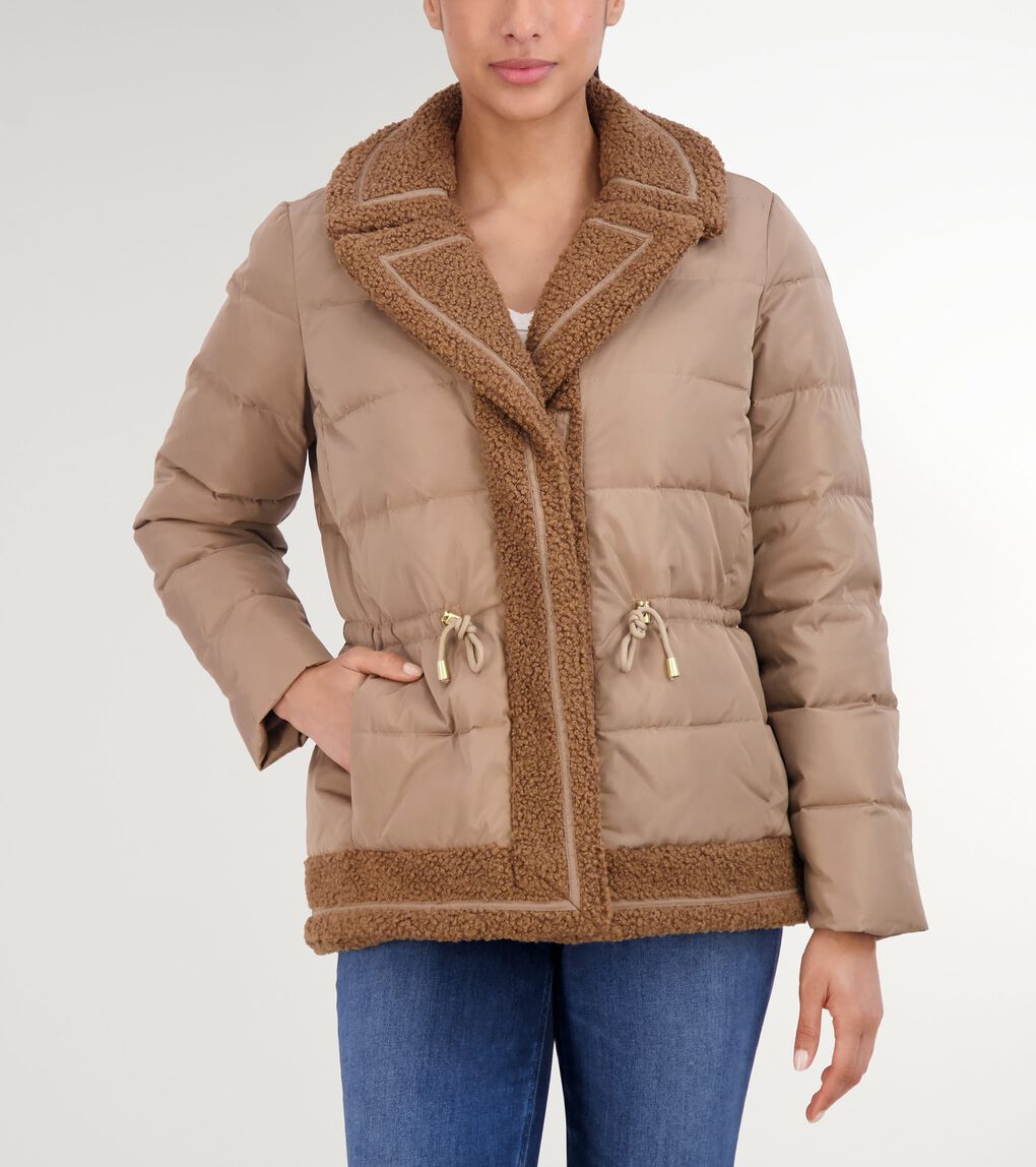 Women's Taffeta Down Jacket with Curly Fur Line Trim