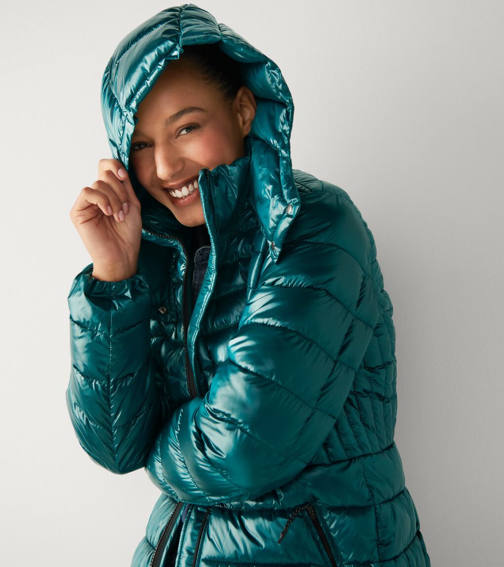 Women's Quilted Pearl Faux Down Jacket with Removable Hood