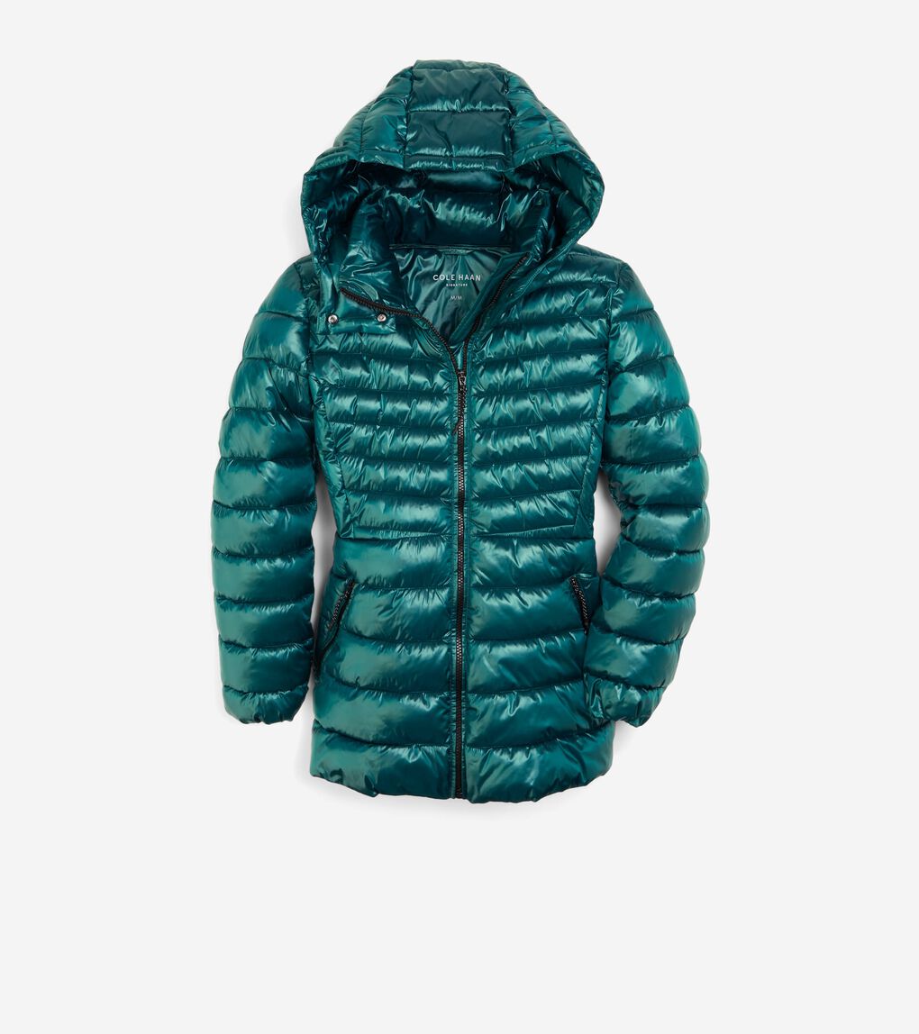 Women's Quilted Pearl Faux Down Jacket with Removable Hood