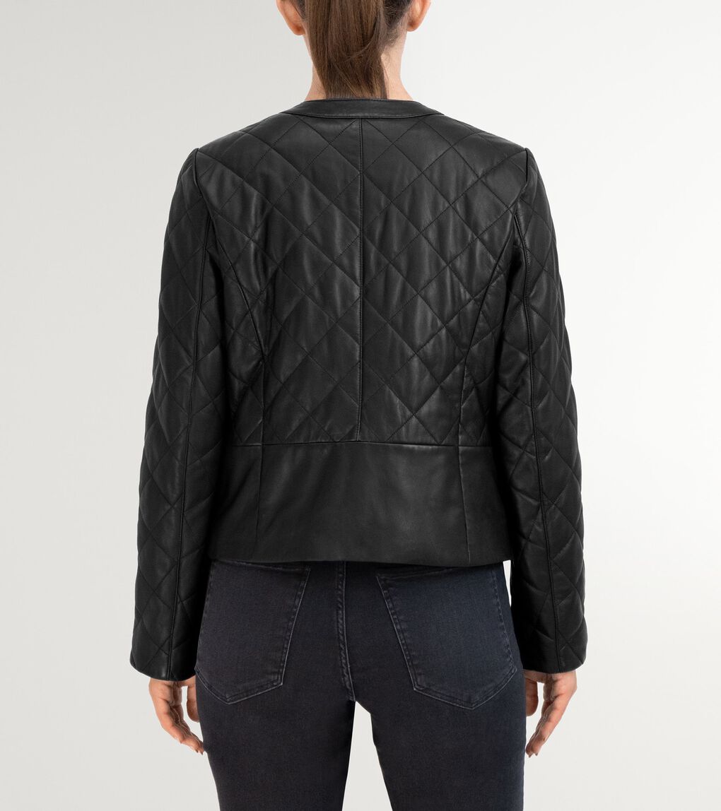 Women's Collarless Quilted Leather Jacket