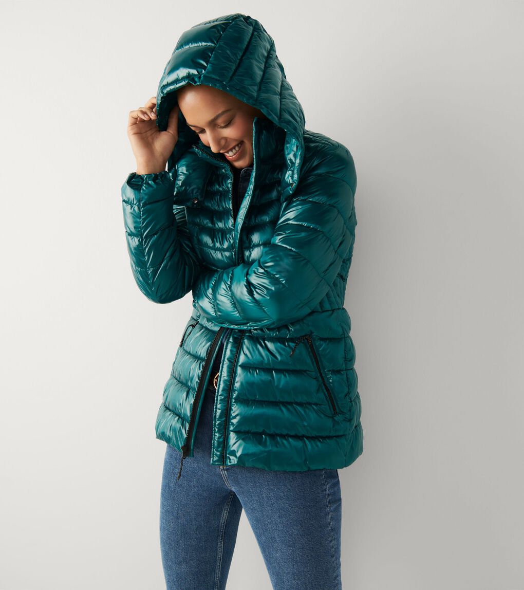 Women's Quilted Pearl Faux Down Jacket with Removable Hood