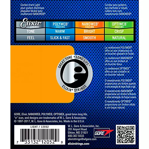 Elixir Electric Guitar Strings With NANOWEB Coating, Light (.010-.046)