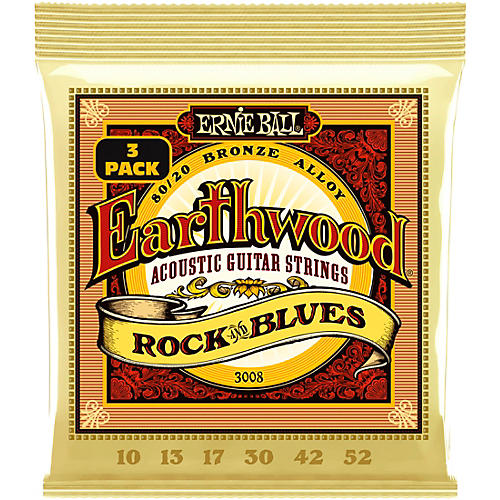Ernie Ball Earthwood Rock and Blues 80/20 Bronze Acoustic Guitar Strings 3 Pack 10 - 52