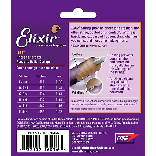 Elixir Light Nanoweb Phosphor Bronze Acoustic Guitar Strings