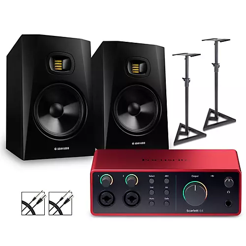 Focusrite Scarlett 4i4 Gen 4 with Adam Audio T-Series Studio Monitor Pair Bundle (Stands & Cables Included) T7V