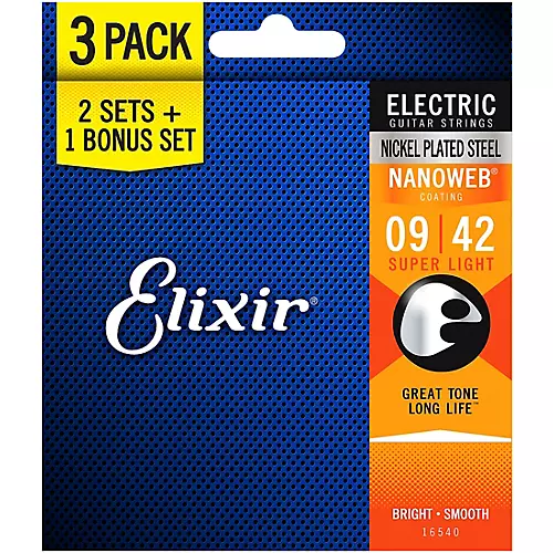 Elixir BONUS PACK! NANOWEB Nickel-Plated Steel Super Light Electric Guitar Strings 3-Pack