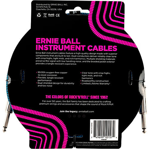 Ernie Ball Straight To Straight Nickel-Plated 1/4 Woven 20' Black/Blue Instrument Cable 2-Pack