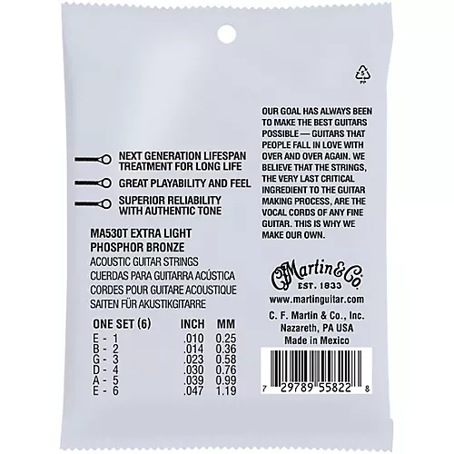 Martin MA530T Lifespan 2.0 Phosphor Bronze Extra-Light Authentic Acoustic Guitar Strings