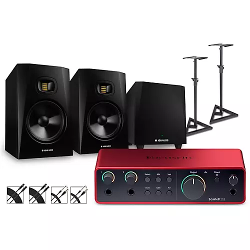 Focusrite Scarlett 2i2 Gen 4 with Adam Audio T-Series Studio Monitor Pair & T10S Subwoofer Bundle (Stands & Cables Included) T8V