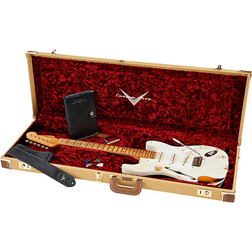 Fender Custom Shop 1956 Heavy Relic Thinline Stratocaster Electric Guitar Aged Olympic White Over Choc 2-Tone Sunburst