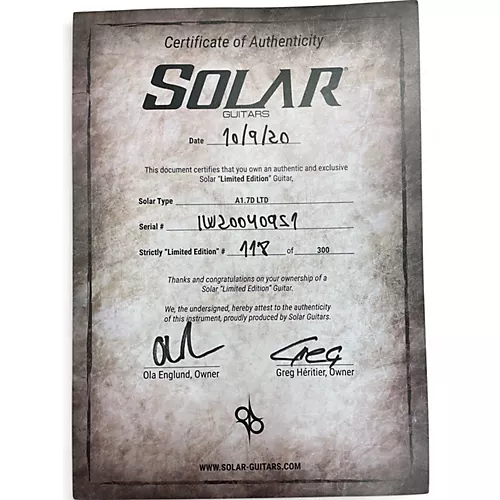 Used 2020 Solar Guitars A1.7D LTD Walnut Solid Body Electric Guitar Walnut