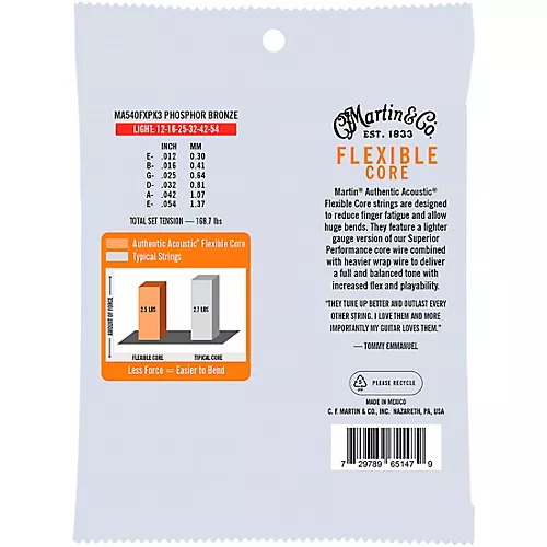 Martin Authentic Acoustic Flexible Core Guitar Strings 3-Pack Light (12-54)
