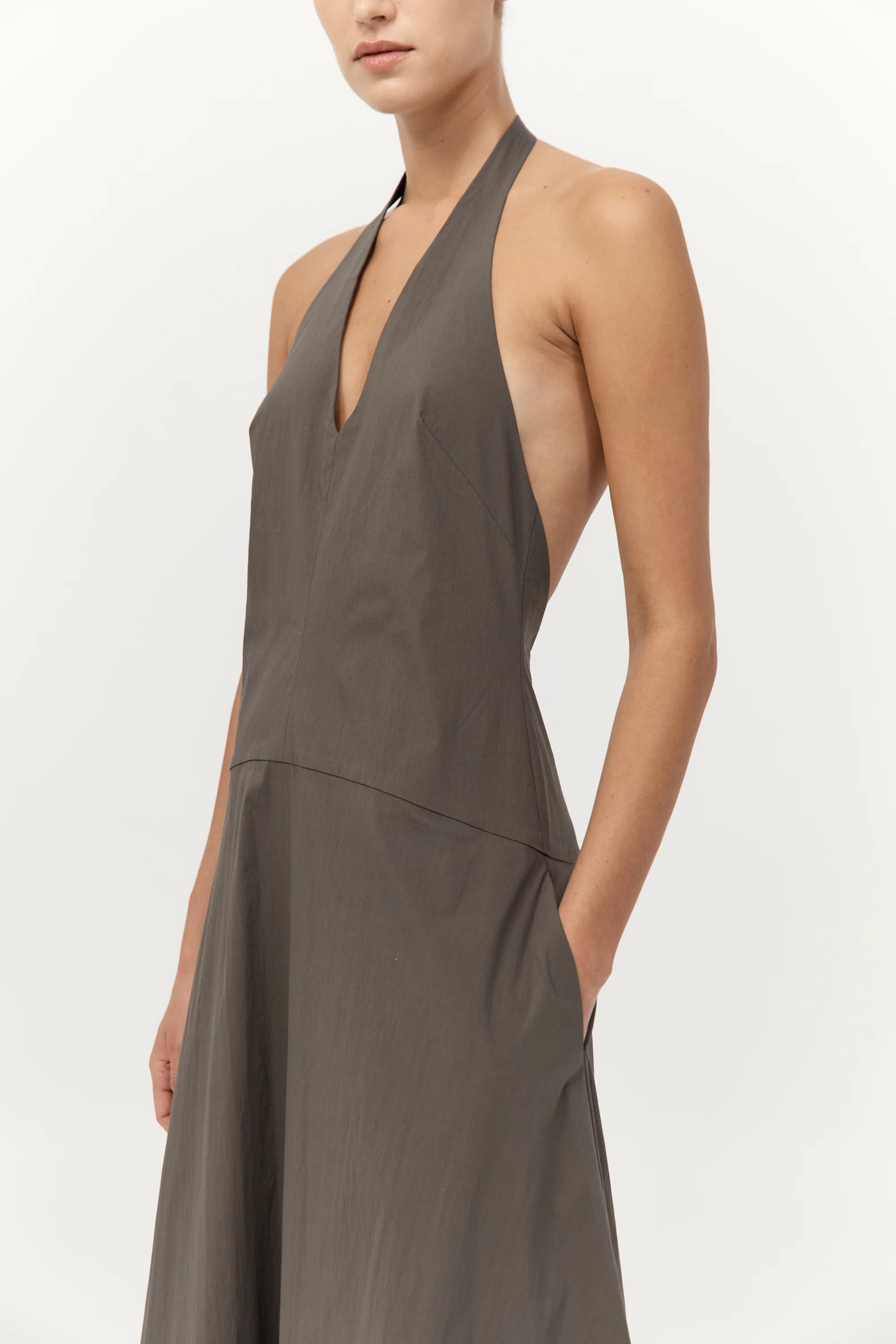 Halter Plunge Dress - Khaki